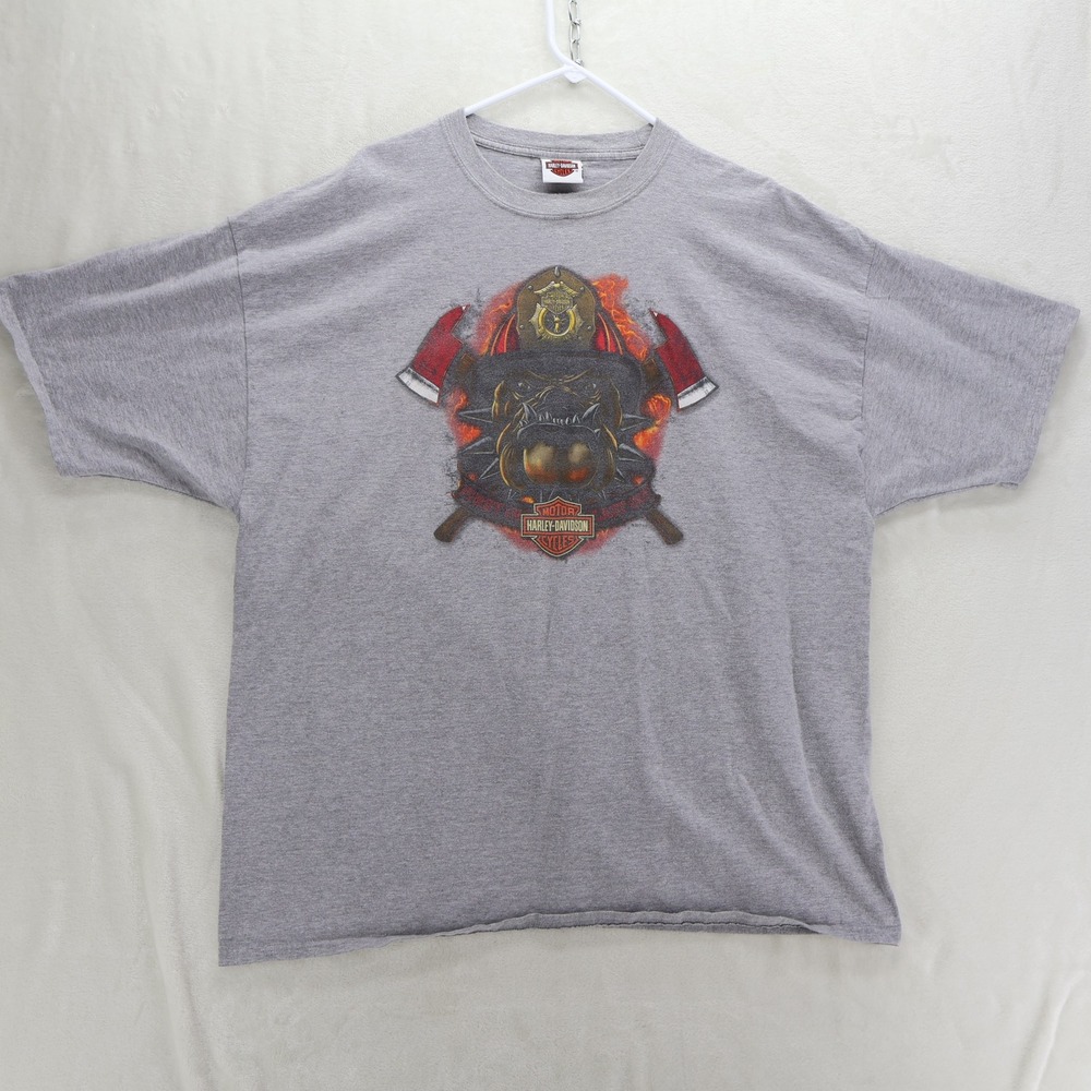 Harley Davidson Madison WI Firefighter Bulldog Graphic T-Shirt Grey 3XL Hanes